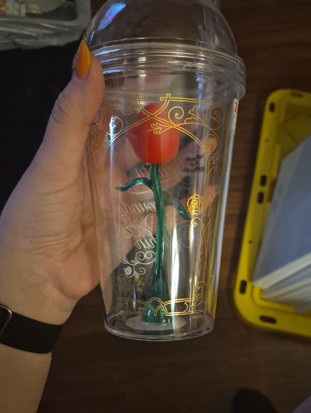 Clear Tulip Accent Drink Tumbler with Gold Scroll Detail - Red/Green
